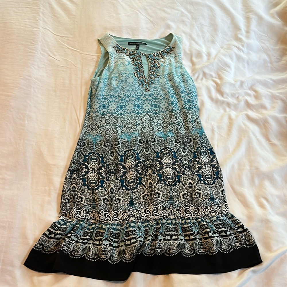 White House Black Market blue, black, white, beaded dress. Size XS